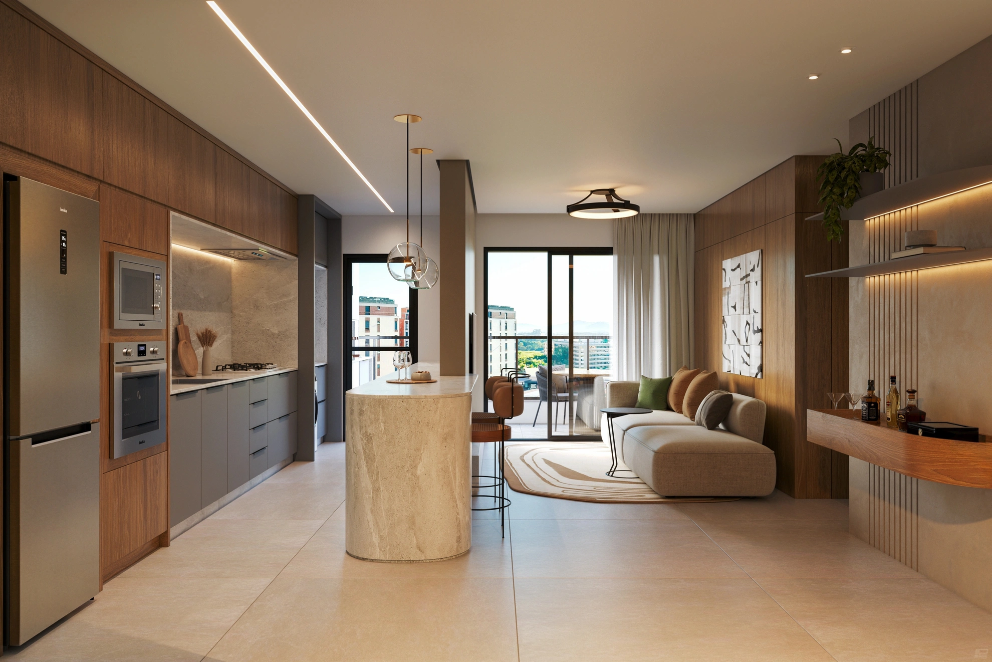 Living integrado à cozinha com ilha e sacada de apartamento decorado